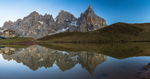 Scenic view of lake and mountains against clear blue sky
