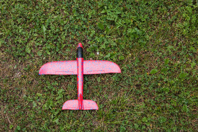 Directly above shot of toy airplane on land