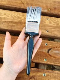 Cropped image of hand holding paintbrush over wooden table