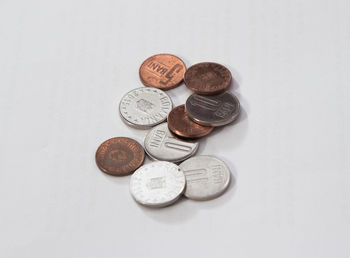 Close-up of coins on white background
