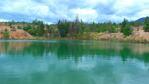 Scenic view of lake and mountains against sky