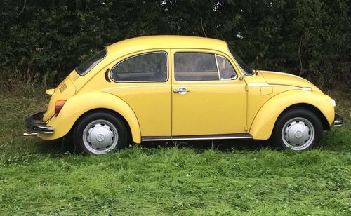 Yellow car on grass