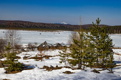 Scenic view of snow covered field against sky