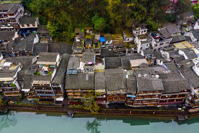 High angle view of ancient architecture in fenghuang town