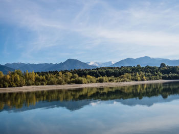 Scenic view of lake and mountains against sky