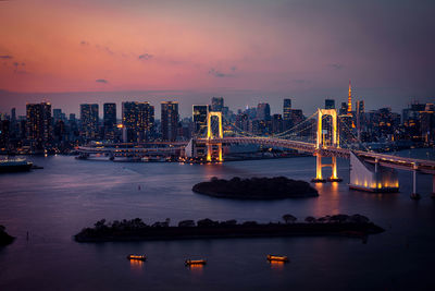 Bridge over river in city against sky at sunset