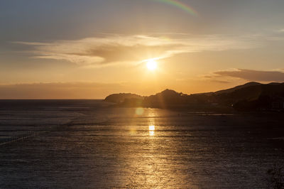 Scenic view of sea and silhouette mountains against sky during sunset