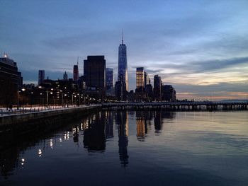 City skyline at sunset