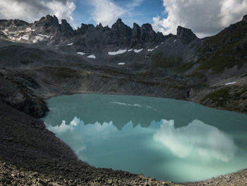 Scenic view of lake and mountains against sky