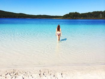 Rear view of woman wearing bikini in sea against sky