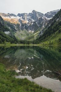 Scenic view of lake and mountains against sky