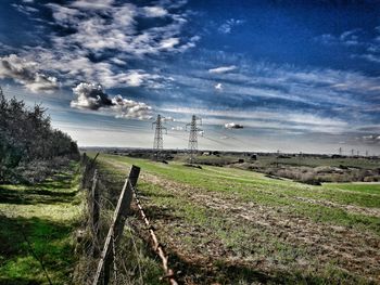 Scenic view of grass and trees against sky