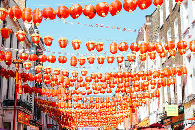 Close-up of red lanterns in chinatown, london.
