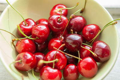 High angle view of strawberries in bowl