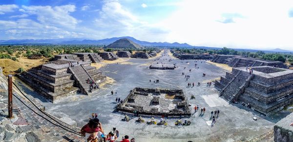 High angle view of people at historic site.