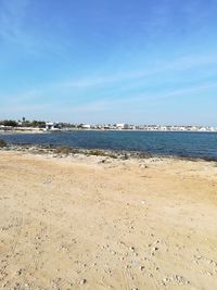 Scenic view of beach against blue sky