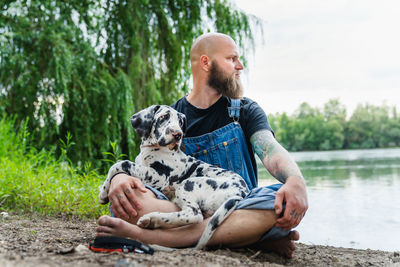 Pensive bald male with beard in casual outfit sitting with obedient spotted great dane puppy on lake with green trees on summer day