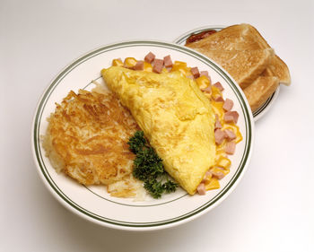 High angle view of breakfast served in plate