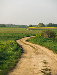 Road amidst field against clear sky