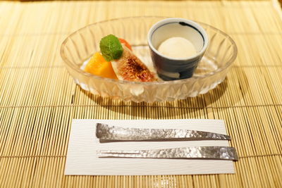 High angle view of breakfast on table