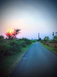 Road amidst trees on field against sky during sunset