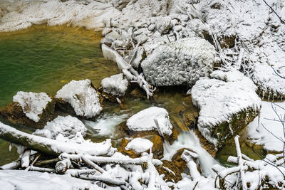 High angle view of snow covered rocks