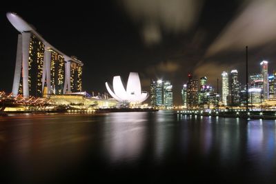 Illuminated city buildings at night