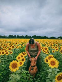 Rear view of woman standing on sunflower field against sky