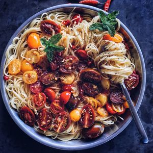 Close-up of noodles in bowl