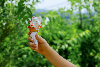 Close-up of hand holding red ice cream outdoors
