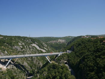 Scenic view of mountains against clear blue sky