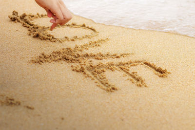 Cropped hand carving text on sand