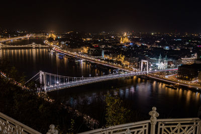 Illuminated bridge over river in city against sky at night