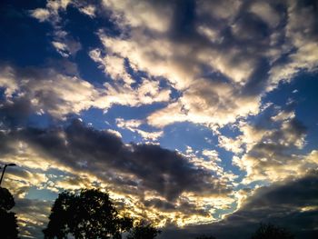Low angle view of trees against cloudy sky
