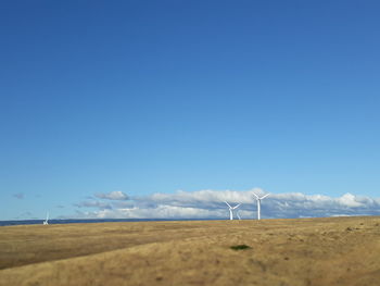 Wind turbines on field against clear blue sky
