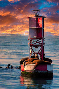 Lifeguard hut on beach against sky during sunset