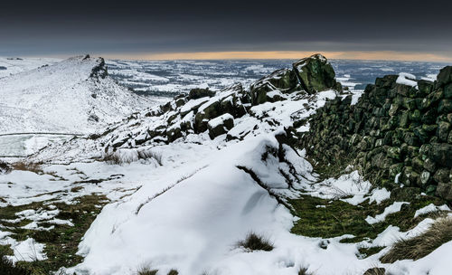 Scenic view of snow covered mountains against sky