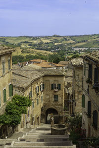 High angle view of old building against sky