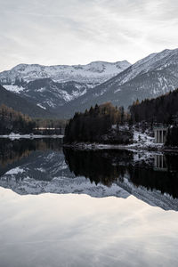 Reflection of snowcapped mountain in lake during winter