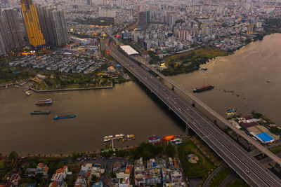 High angle view of city at seaside