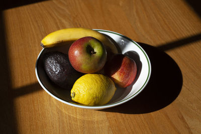 High angle view of fruits in bowl on table