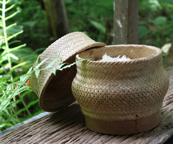 Close-up of wicker basket on table