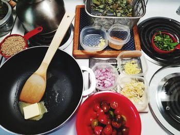 High angle view of breakfast on table