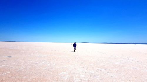 Rear view of man standing on beach against clear blue sky