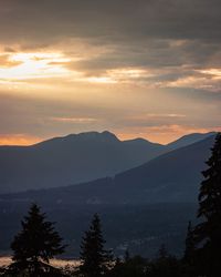 Scenic view of silhouette mountains against sky at sunset