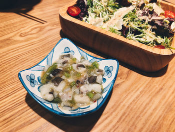 High angle view of food in bowl on table