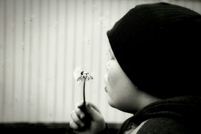 Close-up of boy blowing flower