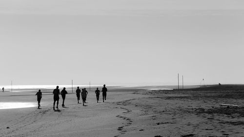 People walking on beach against clear sky