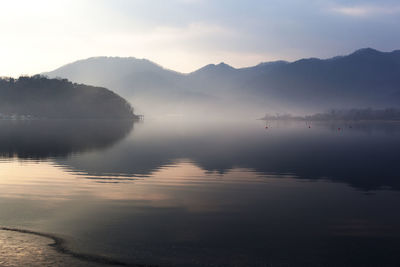 View of misty lake