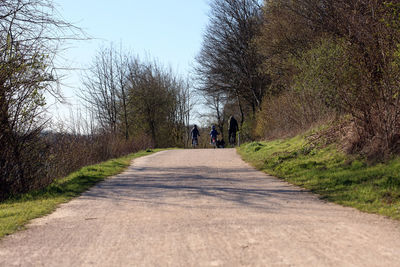 Rear view of people walking on footpath by road